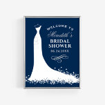 Elegant Navy Wedding Gown Bridal Shower Welcome Poster<br><div class="desc">Elegant wedding bridal shower welcome sign / poster for the stylish bride-to-be features a flowing wedding gown design,  custom text that can be personalized,  and a scroll accent. White,  navy blue (can be customized),  and silver / grey colours.</div>