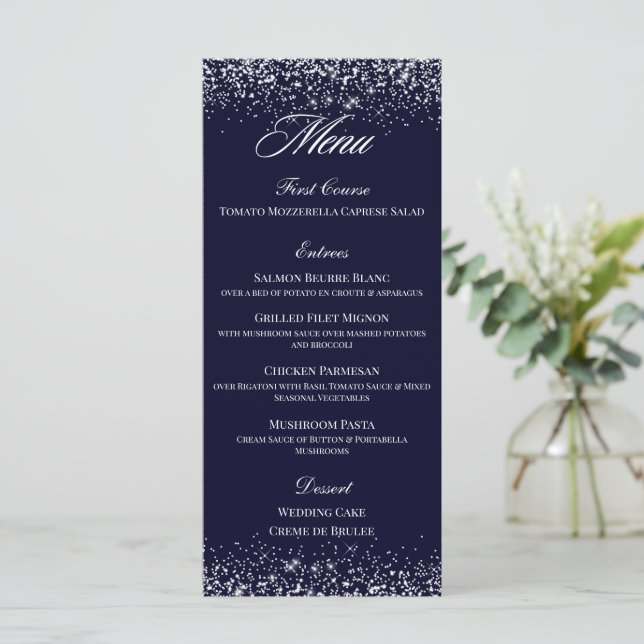 Elegant Navy Wedding Table Menu Card Formal Event (Standing Front)