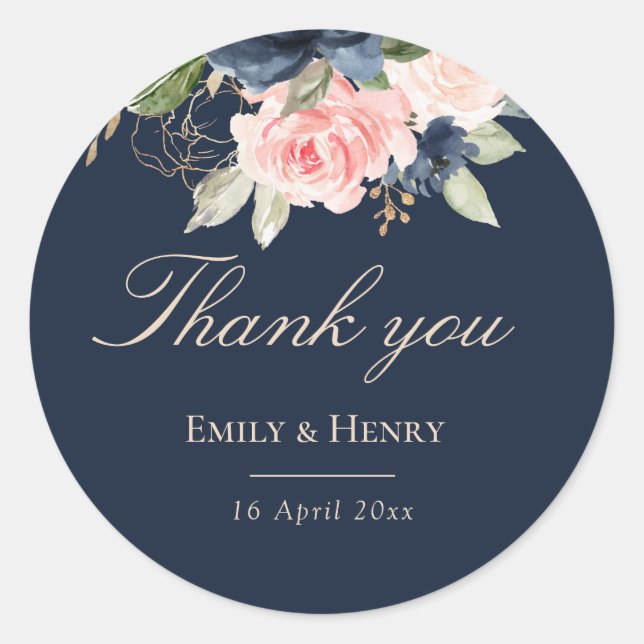 Elegant navy wedding thank you sticker (Front)