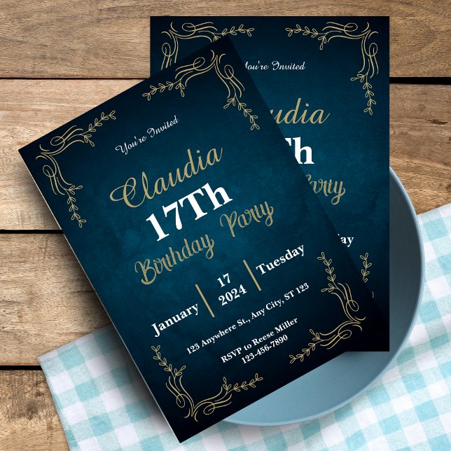 Elegant Navy & White 17th Birthday Invitation Card (Elegant Navy & White 17th Birthday Invitation Card)