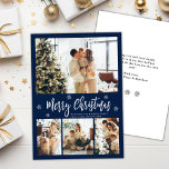 Elegant Navy White 4 Photo Collage Christmas Holiday Card<br><div class="desc">Elegant, Modern Navy and White 4 Photo Collage Merry Christmas Script Holiday Card. This festive, whimsical, minimalist, (4) four photo holiday card template features a pretty photo collage, some snowflake and says Merry Christmas! The „Merry Christmas” greeting text is written in a beautiful white colour hand lettered typography font type...</div>