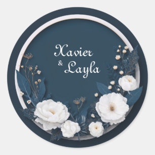 Elegant Navy & White Bloom Round Wedding Sticker