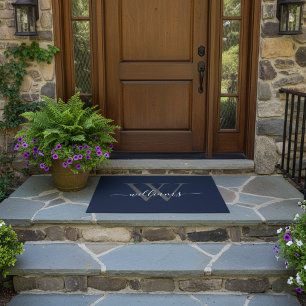 Elegant Navy White Custom Monogram Script Name Doormat