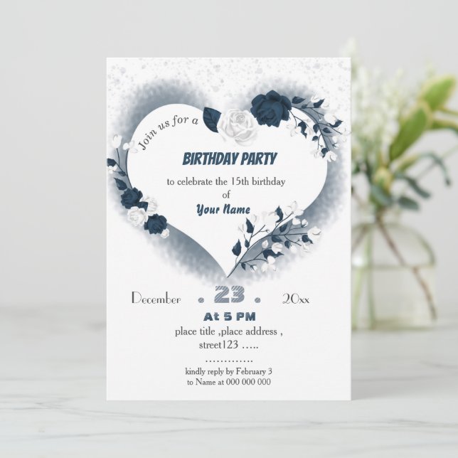 elegant navy &white floral heart birthday invitation (Standing Front)