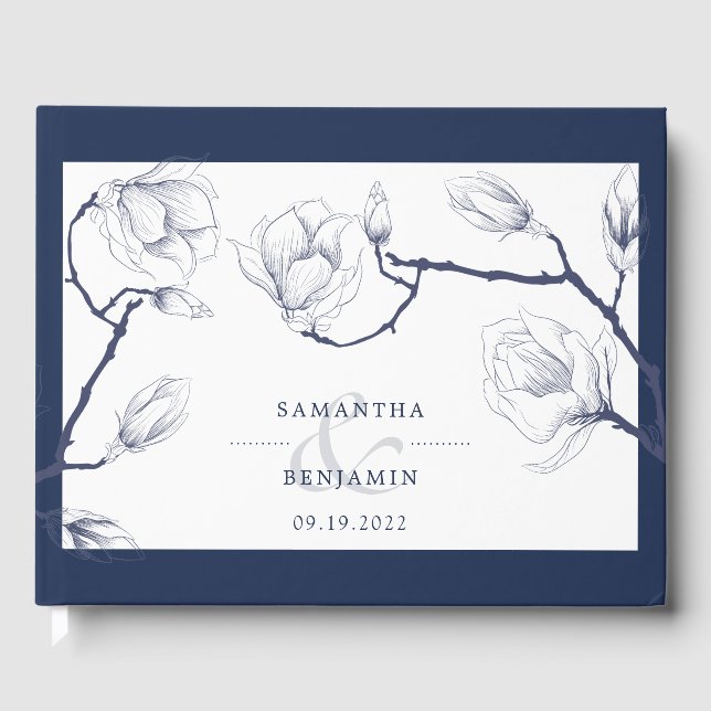 Elegant Navy & White Floral Photo Wedding Guest Book (Front)