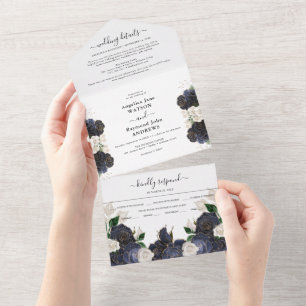 Elegant Navy & White Floral Wedding All In One Invitation
