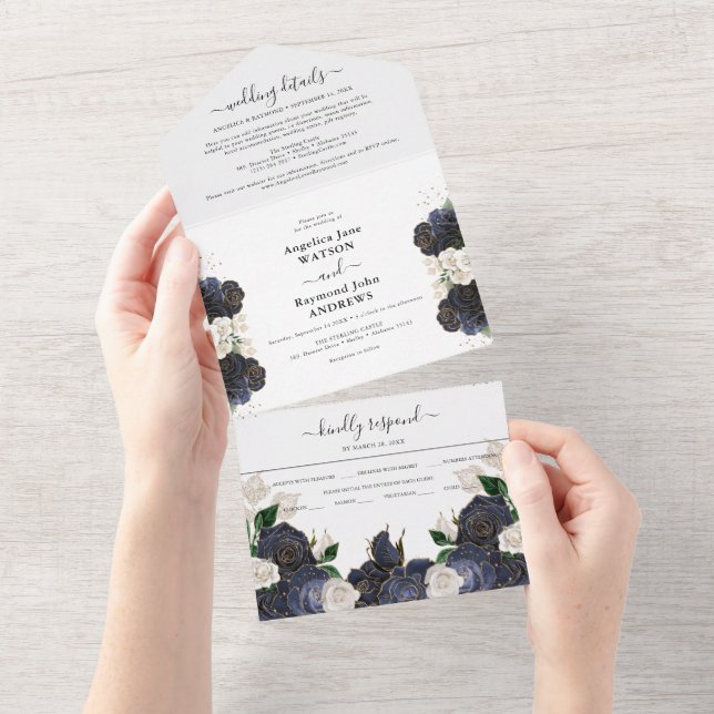 Elegant Navy & White Floral Wedding All In One Invitation (Tearaway)