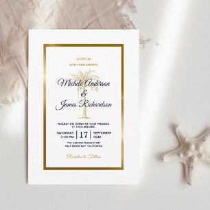 Elegant Navy White Gold Palm Tree Modern Wedding Invitation