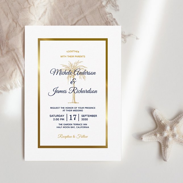 Elegant Navy White Gold Palm Tree Modern Wedding Invitation (Creator Uploaded)