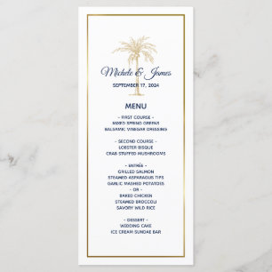 Elegant Navy White Gold Palm Tree Modern Wedding Menu