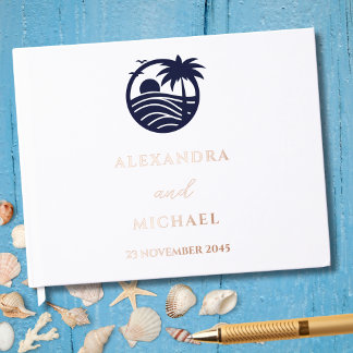 Elegant Navy White Palm Tree Coastal Wedding Guest Book