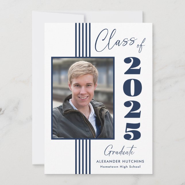 Elegant Navy White Photo Frame 2025 Graduation  Announcement (Front)