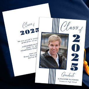 Elegant Navy White Photo Frame 2025 Graduation  Announcement
