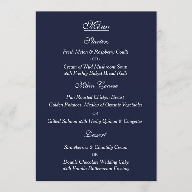 Elegant Navy White Wedding Menu Card (Front)