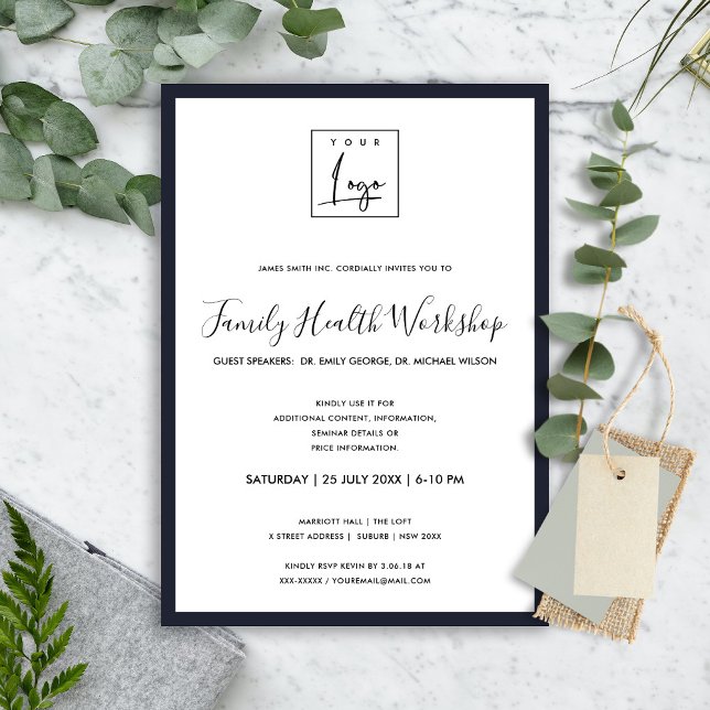 ELEGANT NAVY WHITE YOUR LOGO WORKSHOP EVENT DINNER INVITATION (Creator Uploaded)