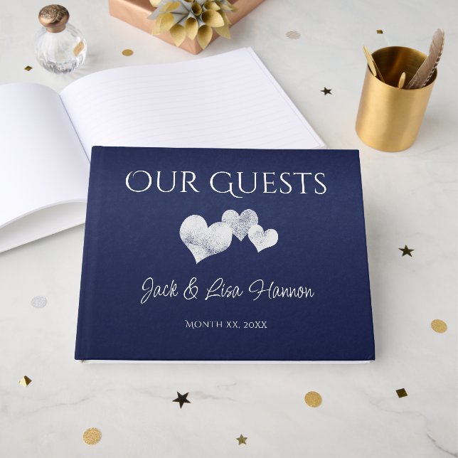 Elegant Navy With Hearts Guest Book (Front Open)