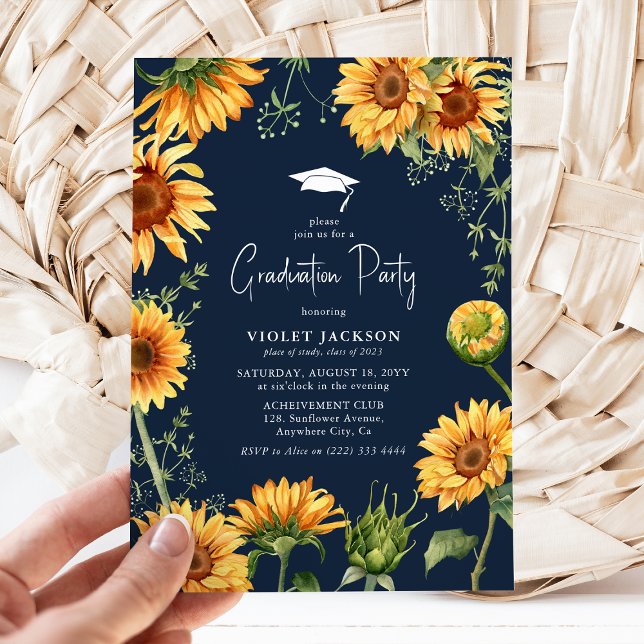 Elegant Navy & Yellow Sunflower Floral Graduation  Invitation (Creator Uploaded)