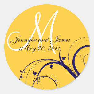 Elegant Navy Yellow Swirl Monogram Wedding Seal