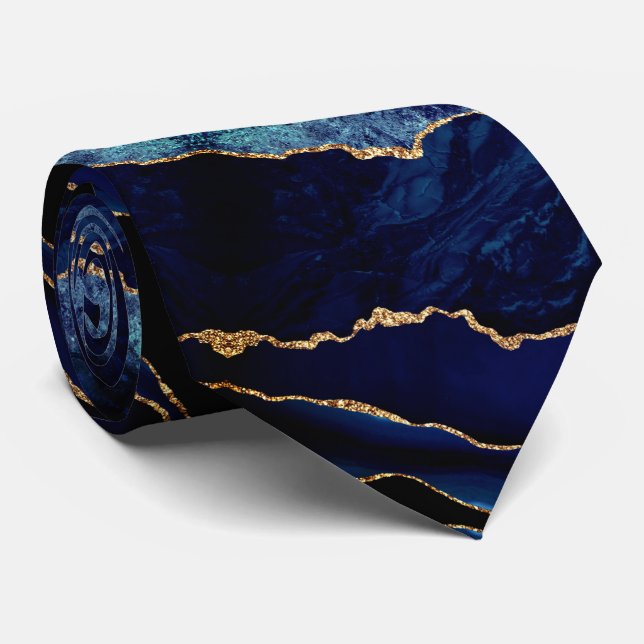 Elegant Neck Tie Agate Navy Blue Gold Marble (Rolled)