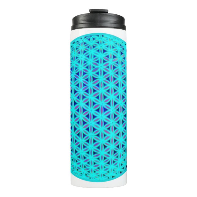 Elegant neon blue teal flower of life  thermal tumbler (Front)