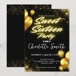 Elegant neon Gold Balloo retro Sweet 16th Birthday Invitation