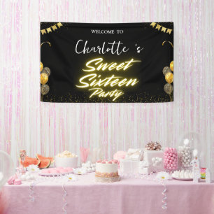 Elegant neon Gold Black retro Sweet 16th Birthday  Banner