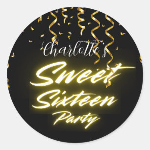 Elegant neon gold Black Retro Sweet 16th Birthday Classic Round Sticker