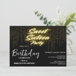 Elegant neon Gold Black retro Sweet 16th Birthday  Invitation