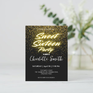 Elegant neon Gold Black retro Sweet 16th Birthday Postcard