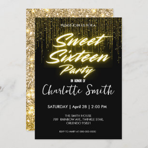 Elegant neon Gold Black retro Sweet 16th Birthday  Thank You Card