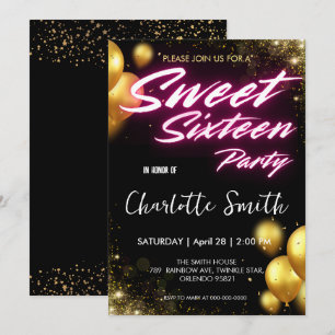 Elegant neon Gold pink retro Sweet 16th Birthday Invitation