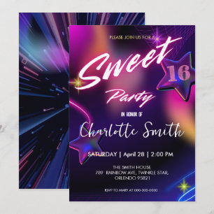 Elegant neon Gold pink retro Sweet 16th Birthday Invitation