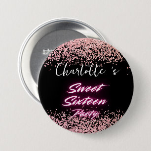 Elegant neon Pink Black retro Sweet 16th Birthday 3 Inch Round Button