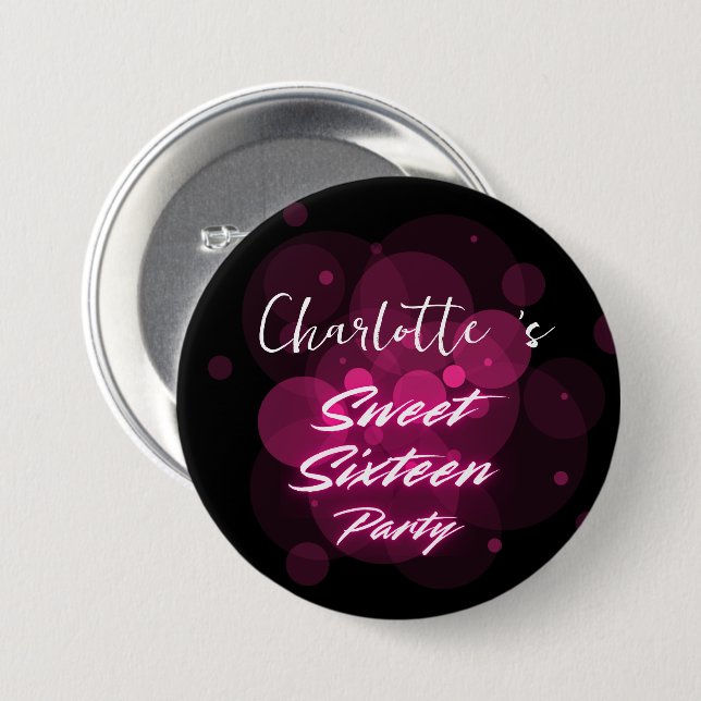 Elegant neon Pink Black retro Sweet 16th Birthday  3 Inch Round Button (Front & Back)