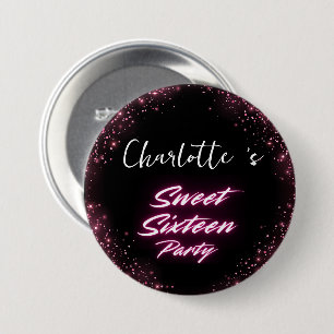 Elegant neon Pink Black retro Sweet 16th Birthday 3 Inch Round Button