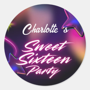 Elegant neon Pink Black Retro Sweet 16th Birthday Classic Round Sticker