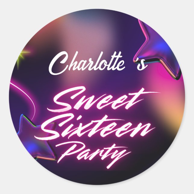 Elegant neon Pink Black Retro Sweet 16th Birthday Classic Round Sticker (Front)