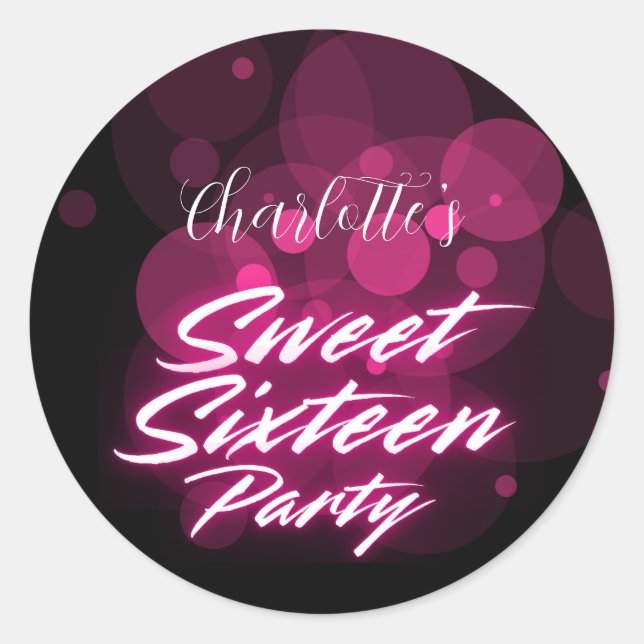 Elegant neon Pink Black Retro Sweet 16th Birthday Classic Round Sticker (Front)
