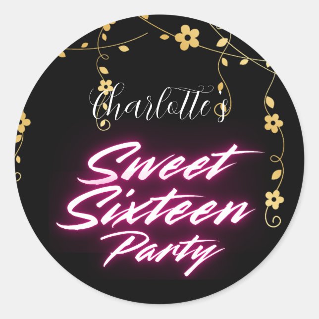 Elegant neon Pink Black Retro Sweet 16th Birthday Classic Round Sticker (Front)