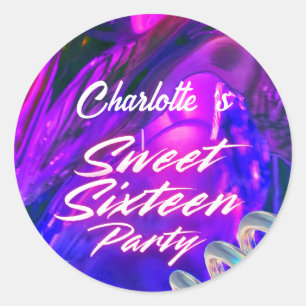 Elegant neon Pink Black Retro Sweet 16th Birthday Classic Round Sticker