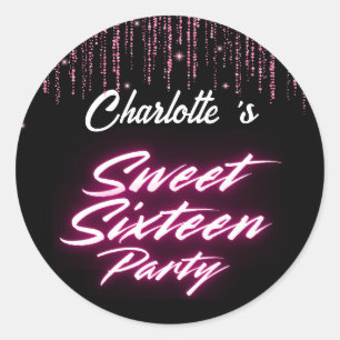 Elegant neon Pink Black Retro Sweet 16th Birthday Classic Round Sticker