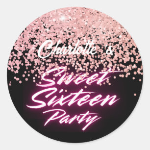 Elegant neon Pink Black Retro Sweet 16th Birthday Classic Round Sticker