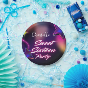 Elegant neon Pink Black retro Sweet 16th Birthday  Paper Plate