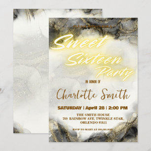 Elegant neon pink marble Gold Sweet 16th Birthday
