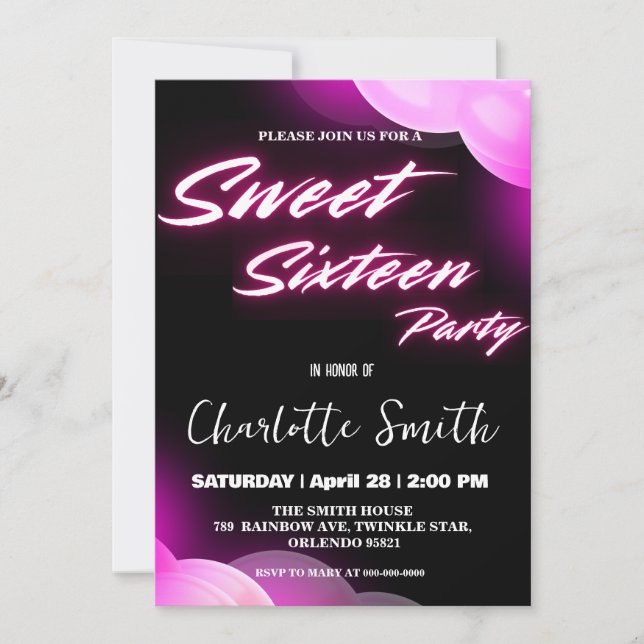 Elegant neon pink retro black Sweet 16th Birthday  (Front)