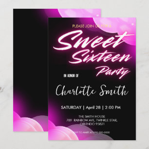 Elegant neon pink retro black Sweet 16th Birthday  Invitation