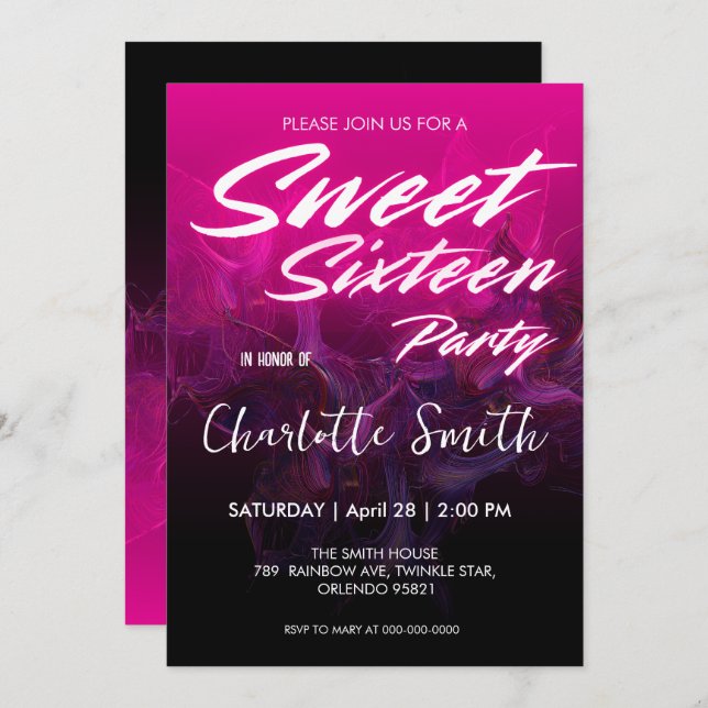 Elegant neon pink retro black Sweet 16th Birthday  Invitation (Front/Back)
