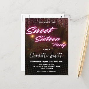 Elegant neon pink retro black Sweet 16th Birthday  Postcard