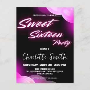 Elegant neon pink retro black Sweet 16th Birthday  Postcard