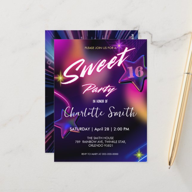 Elegant neon pink retro black Sweet 16th Birthday  Postcard (Front/Back In Situ)